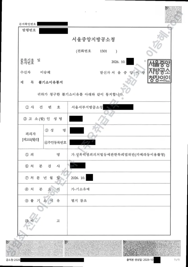 성폭법위반(카메라등이용촬영) 처분문서(개인정보 삭제)